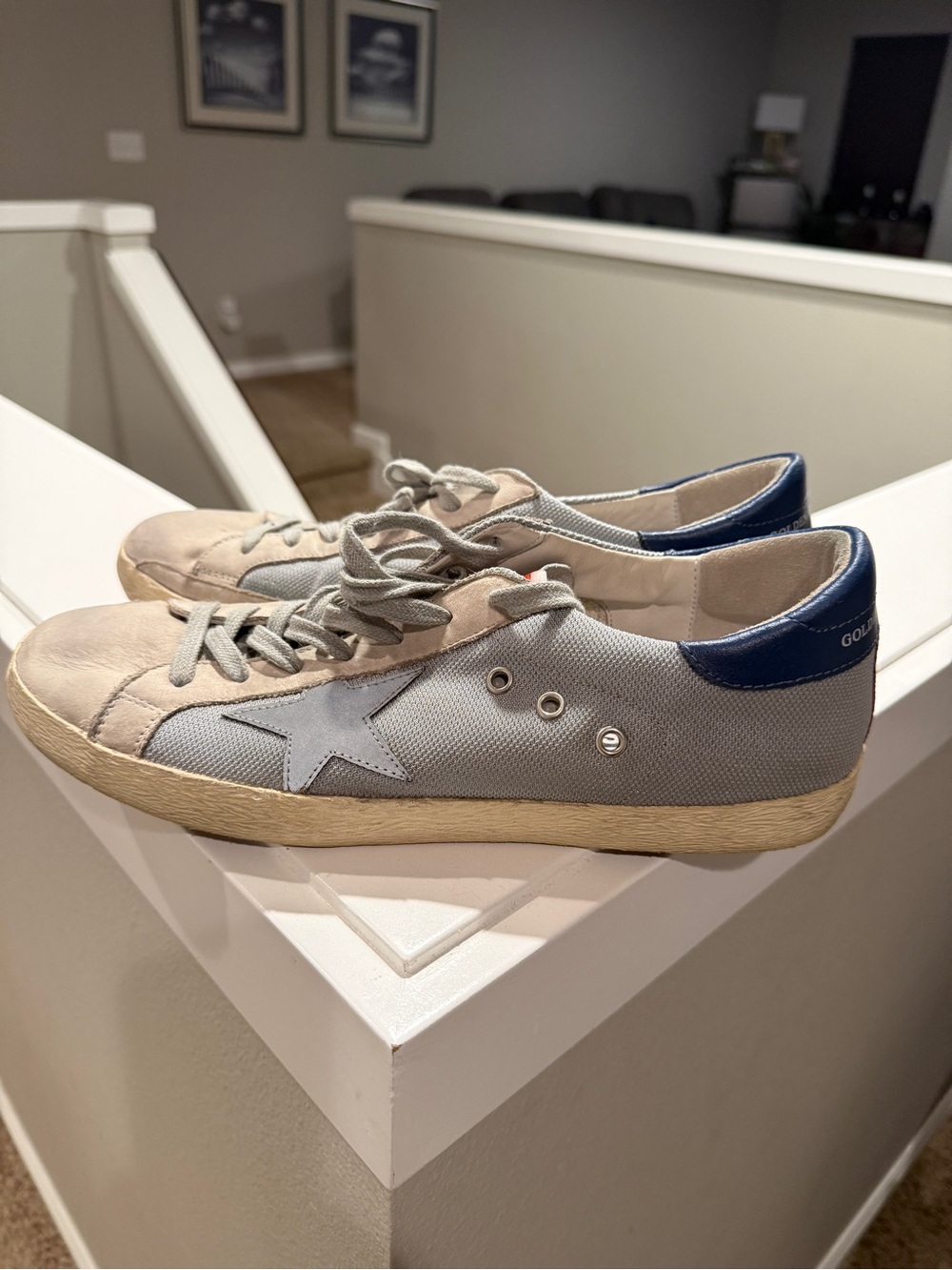 Golden Goose Light Gray Canvas & Navy Heel Low-Top Sneakers
